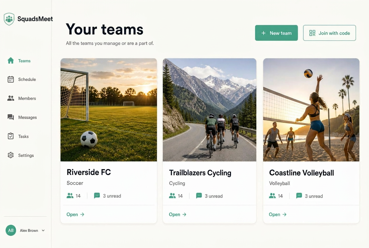 SquadsMeet dashboard with multiple team cards