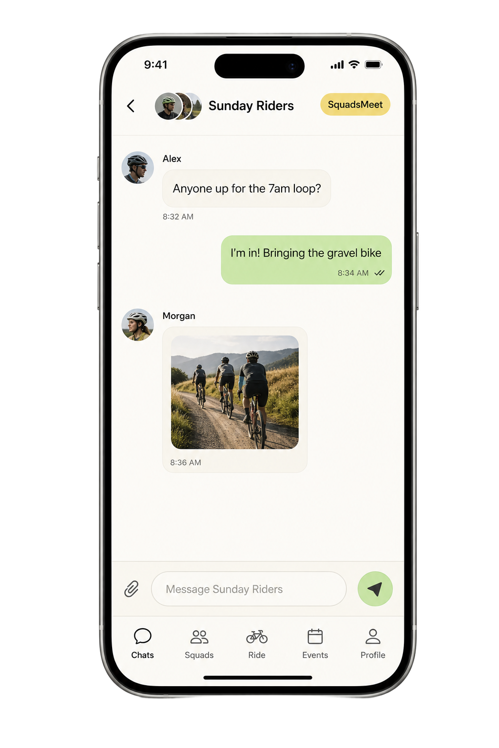 Cycling squad chat on a light iPhone mockup