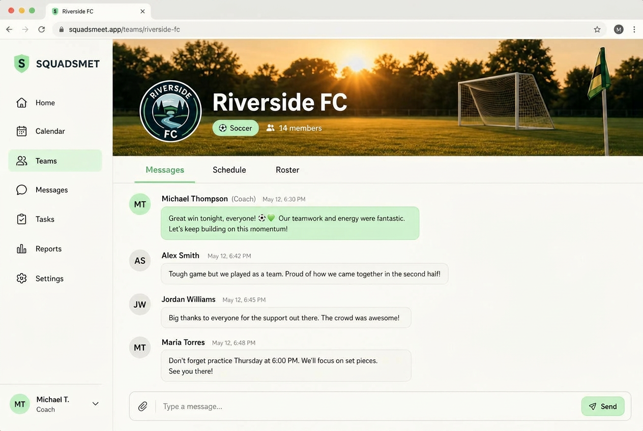 SquadsMeet team page with messages and schedule tabs